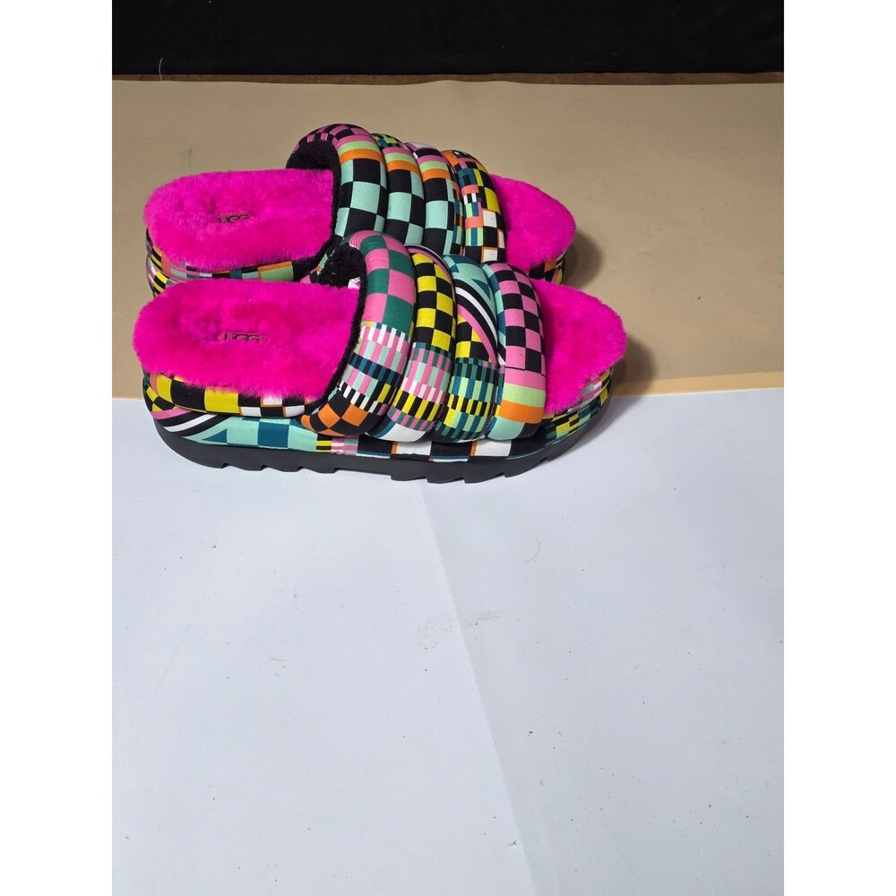 UGG Colorblock Puffy Slide Slippers Women’s Size 8 – Neon Pink Multi Color Check - Picture 2 of 8